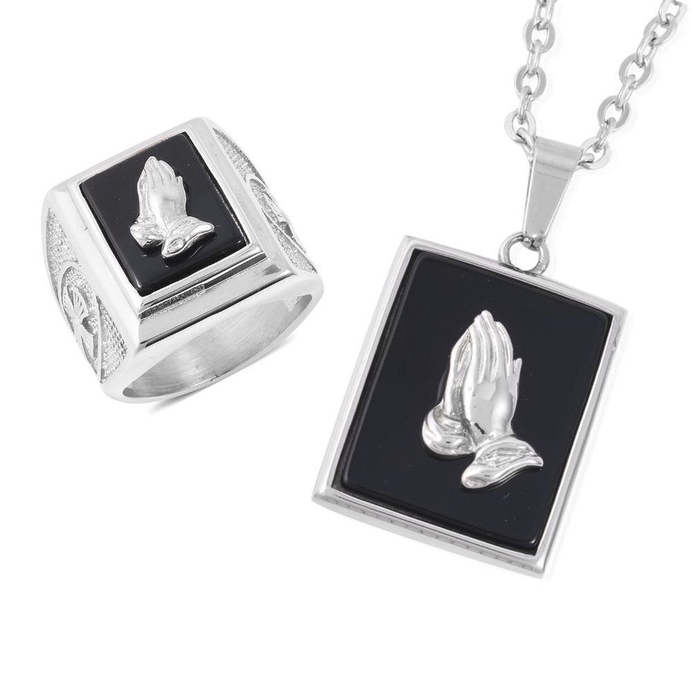 Enhanced Black Agate Stainless Steel Ring Pendant